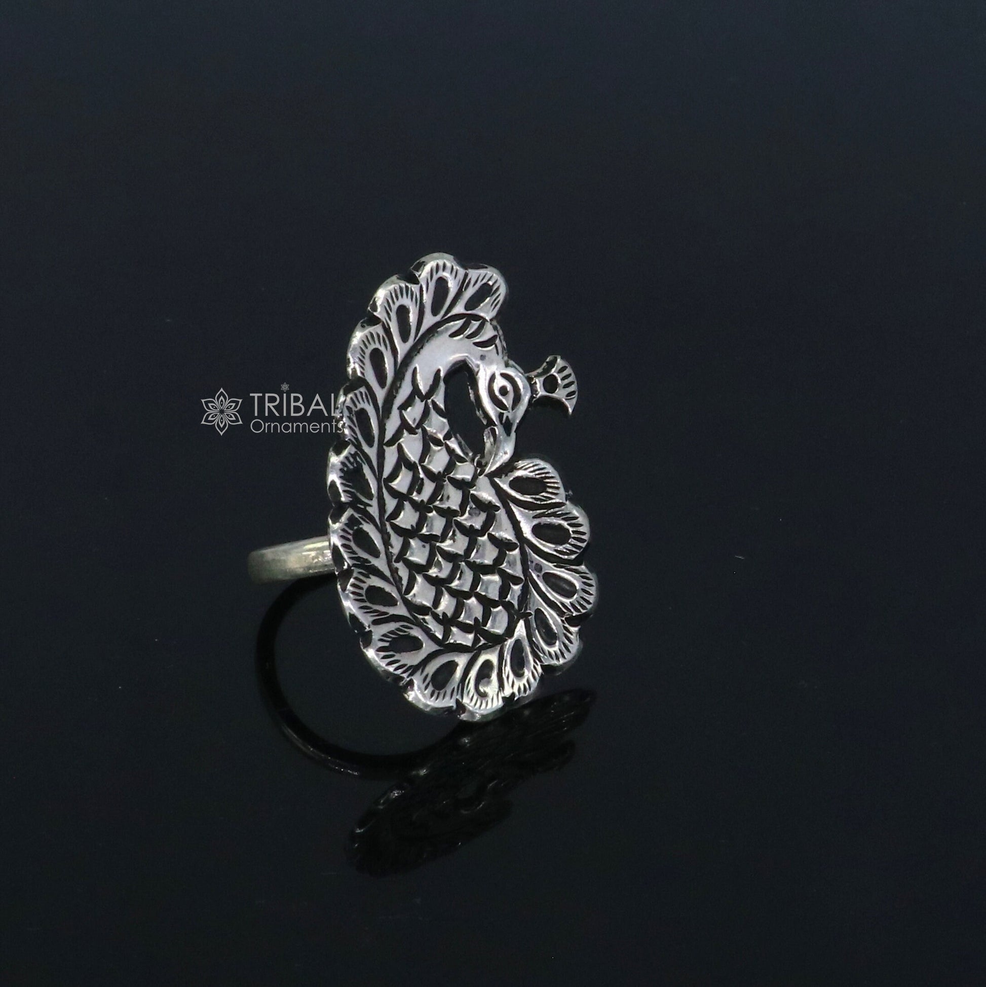 Peacock design Indian Classical cultural 925 sterling silver adjustable ring, best tribal ethnic jewelry Navratri jewelry sr395 - TRIBAL ORNAMENTS