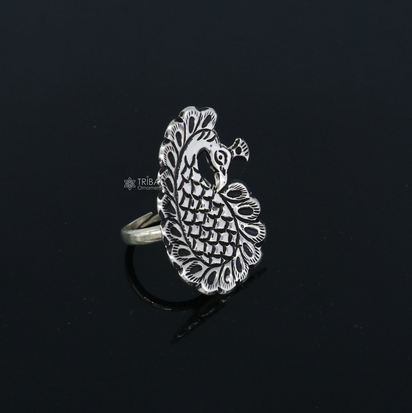 Peacock design Indian Classical cultural 925 sterling silver adjustable ring, best tribal ethnic jewelry Navratri jewelry sr395 - TRIBAL ORNAMENTS
