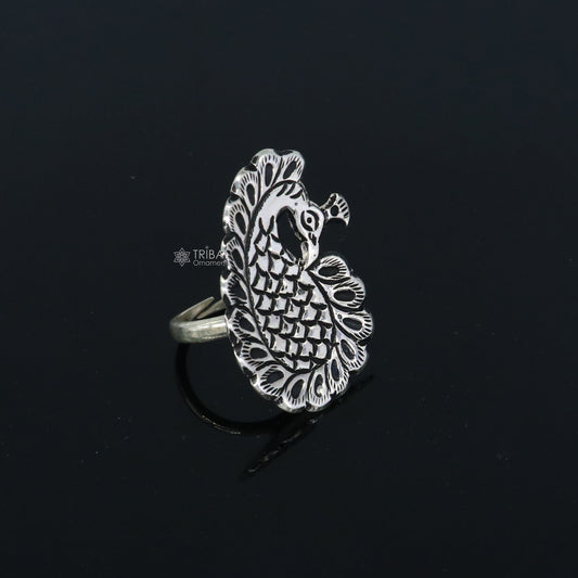 Peacock design Indian Classical cultural 925 sterling silver adjustable ring, best tribal ethnic jewelry Navratri jewelry sr395 - TRIBAL ORNAMENTS