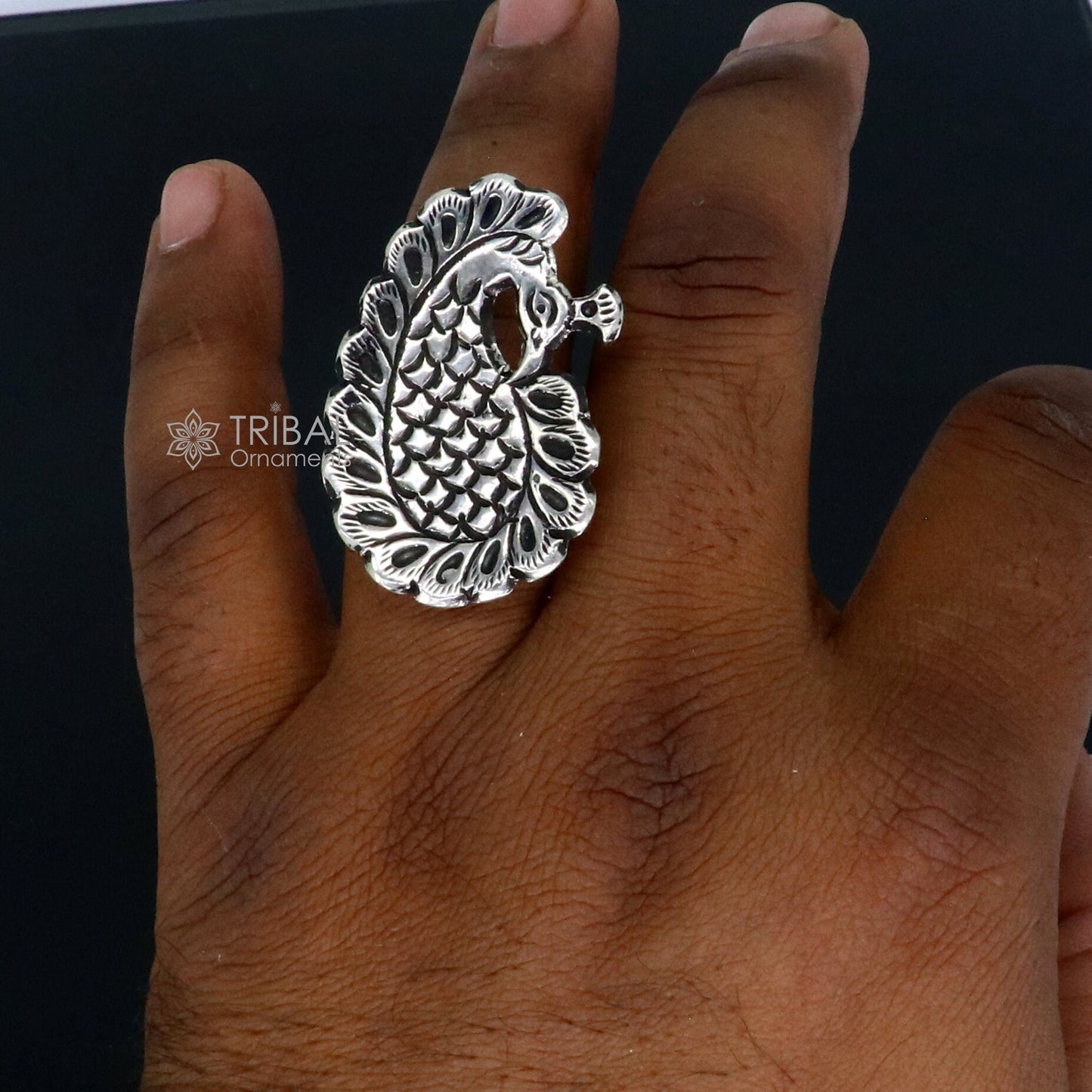 Peacock design Indian Classical cultural 925 sterling silver adjustable ring, best tribal ethnic jewelry Navratri jewelry sr395 - TRIBAL ORNAMENTS