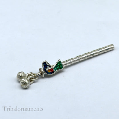 Peacock design Krishna Flute sterling silver handmade Krishna flute, silver Bansuri, Baby Gopala flute, little krishna flute puja art su578 - TRIBAL ORNAMENTS