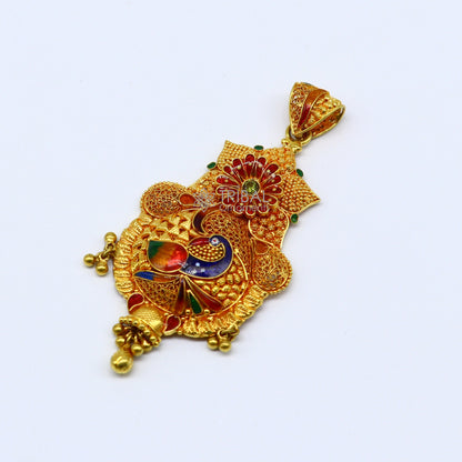 Peacock design traditional 22KT yellow gold pendant with intricate filigree work, ethnic bridal jewelry by TRIBAL ORNAMENTS.