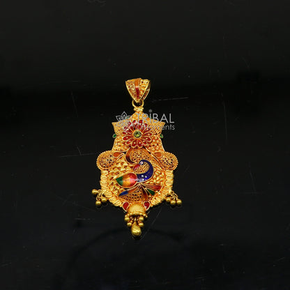 Peacock design traditional 22KT yellow gold pendant with filigree work, ethnic bridal jewelry by TRIBAL ORNAMENTS.