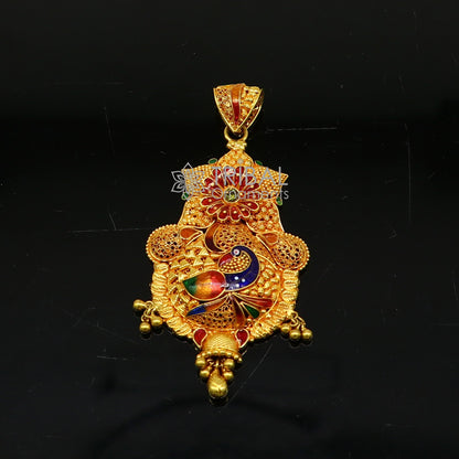 Peacock design 22KT yellow gold traditional filigree pendant, ethnic bridal jewelry with intricate craftsmanship by TRIBAL ORNAMENTS.