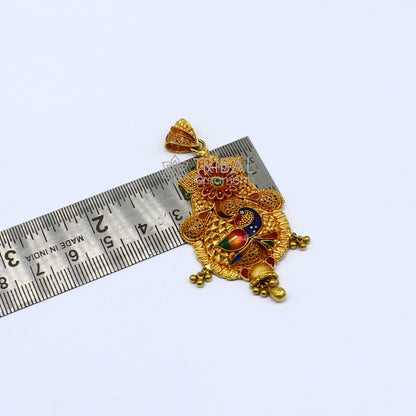 Peacock design traditional 22KT yellow gold pendant featuring intricate filigree work, ethnic bridal jewelry by TRIBAL ORNAMENTS.