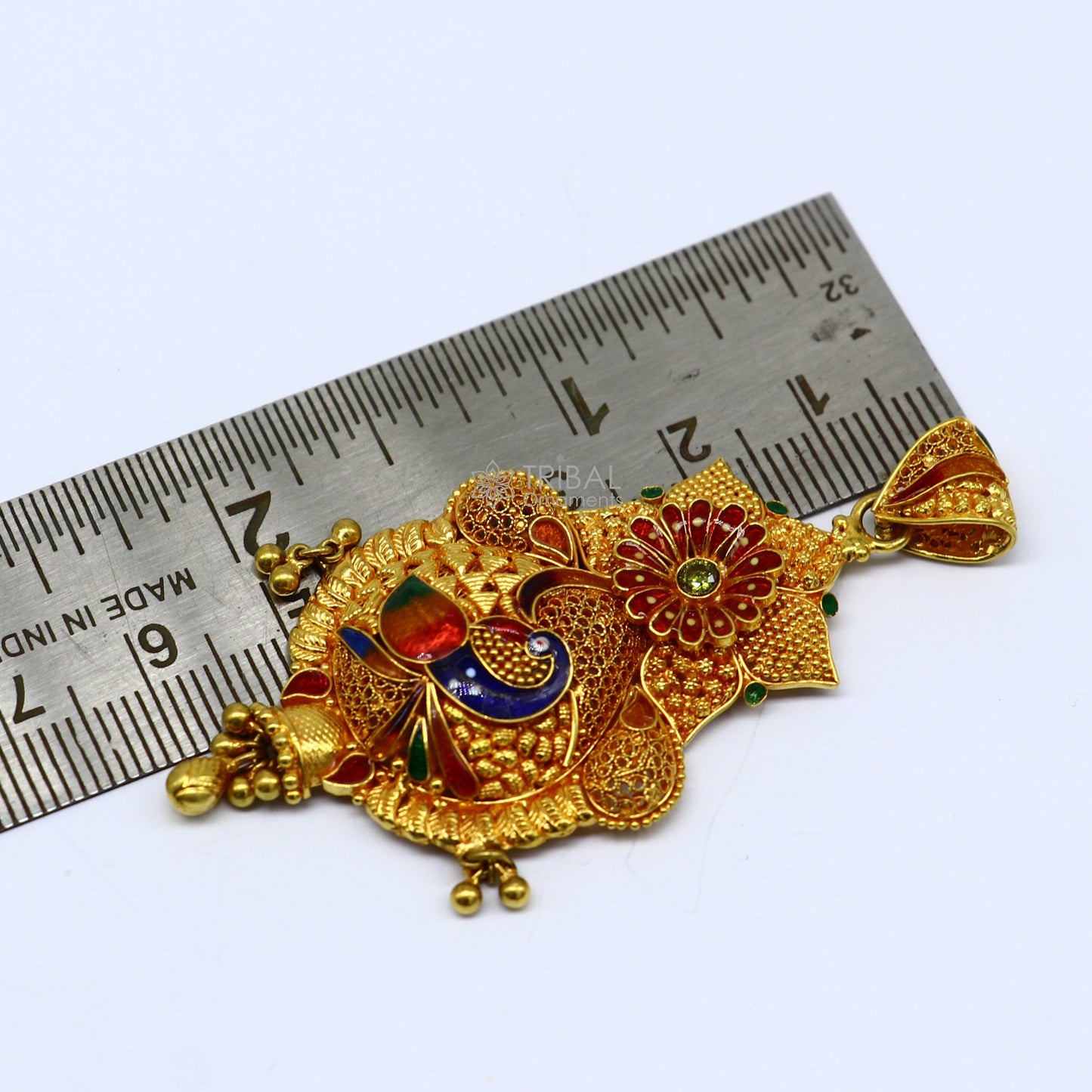 Peacock design Traditional cultural filigree work trendy 22kt yellow gold functional pendant, amazing ethnic brides pendant jewelry gp26 - TRIBAL ORNAMENTS