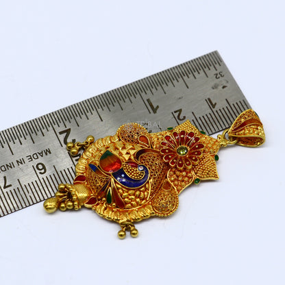 Peacock design 22KT yellow gold traditional filigree pendant by TRIBAL ORNAMENTS, ethnic bridal jewelry with intricate craftsmanship.