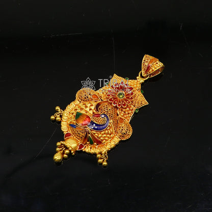 Peacock design traditional 22KT yellow gold pendant with intricate filigree work, ethnic bridal jewelry by TRIBAL ORNAMENTS.