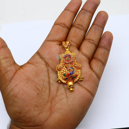 Peacock design 22KT yellow gold traditional filigree pendant by TRIBAL ORNAMENTS, ethnic bridal jewelry with intricate craftsmanship.