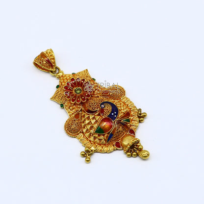 Peacock design traditional 22KT yellow gold filigree pendant, ethnic bridal jewelry by TRIBAL ORNAMENTS featuring intricate craftsmanship.