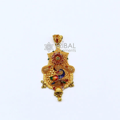 Peacock design traditional 22KT yellow gold pendant with filigree work, ethnic bridal jewelry by Tribal Ornaments.