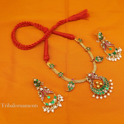 Peacock design gold polished sterling silver charm necklace with pearls, floral jewelry set by Tribal Ornaments.