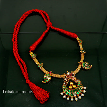 Peacock design gold polished sterling silver charm necklace with pearls, floral jewelry set by TRIBAL ORNAMENTS.