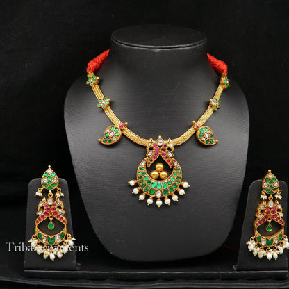 Peacock design gold polished sterling silver charm necklace with pearls, floral jewelry set from TRIBAL ORNAMENTS.