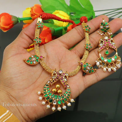 Peacock design gold polished sterling silver charm necklace with pearls, floral jewelry set by TRIBAL ORNAMENTS.
