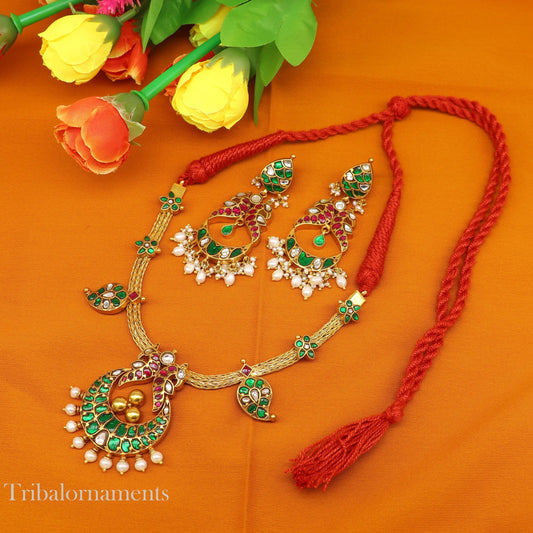 Peacock design gold polished sterling silver charm necklace with pearls, floral jewelry set by TRIBAL ORNAMENTS.
