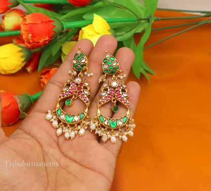 Peacock design gold polished sterling silver charm necklace with pearls, floral jewelry set by Tribal Ornaments.