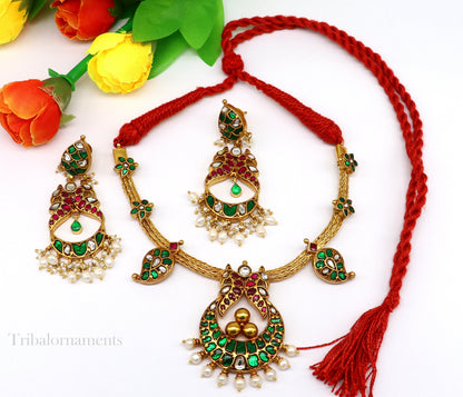 Peacock design gold polished sterling silver charm necklace with pearls, floral jewelry set by TRIBAL ORNAMENTS.