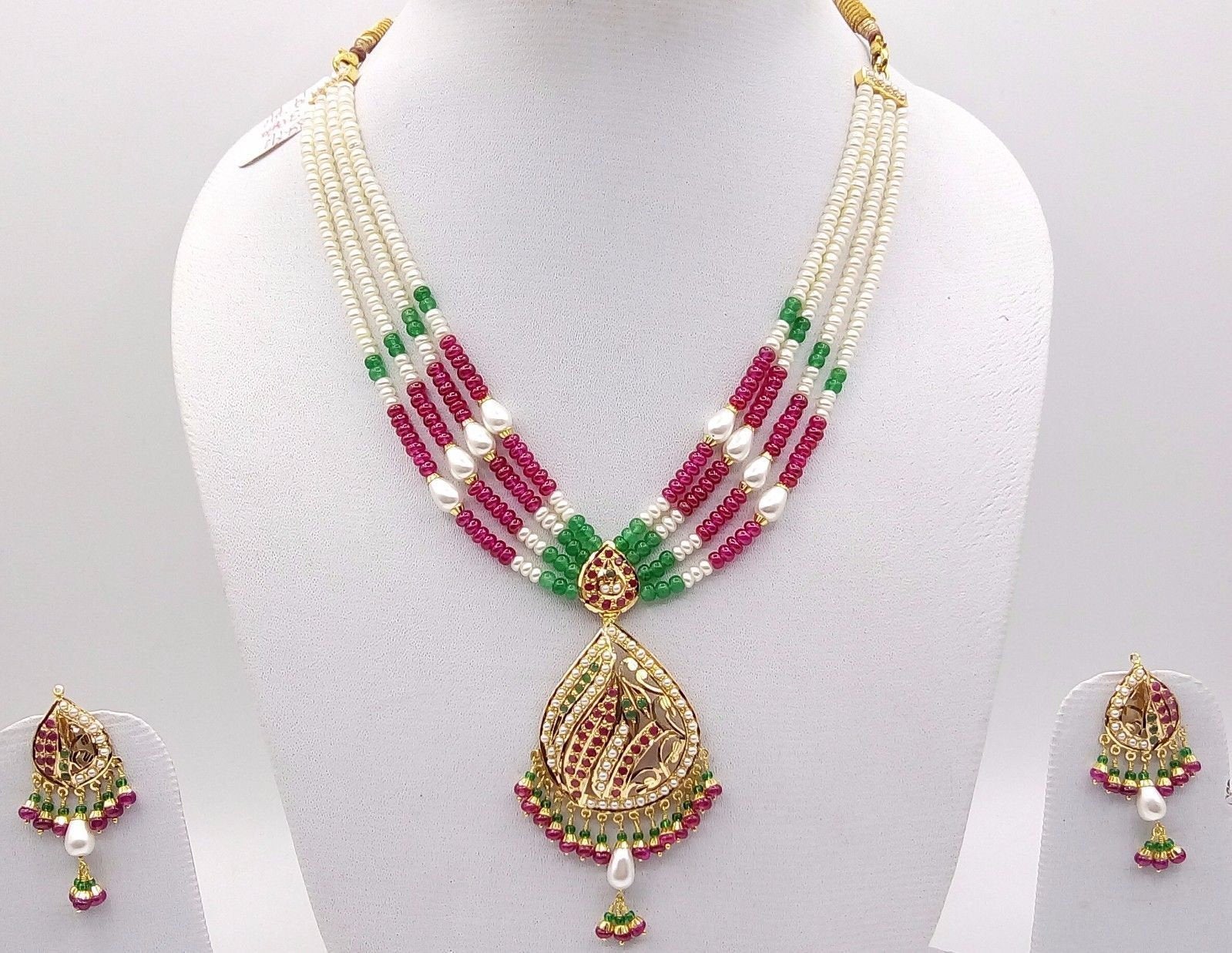 Pearl bead necklace 22k 22ct gold emerald ruby loose set with earrings colorful - TRIBAL ORNAMENTS