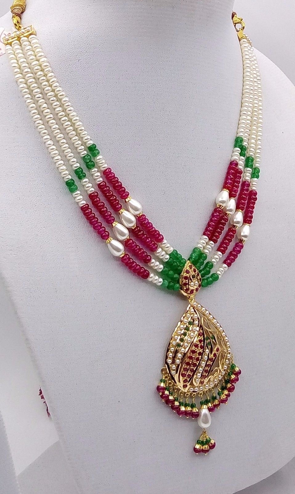 Pearl bead necklace 22k 22ct gold emerald ruby loose set with earrings colorful - TRIBAL ORNAMENTS