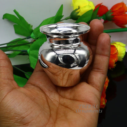 Handmade small 925 sterling silver Kalash pot, traditional Indian puja water or milk vessel, crafted by Tribal Ornaments.