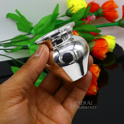 Handmade small 925 sterling silver Kalash pot, traditional Indian silver puja water or milk vessel by Tribal Ornaments