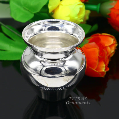 Handmade small 925 sterling silver Kalash pot for puja, featuring a simple, elegant design, ideal for water or milk offerings.