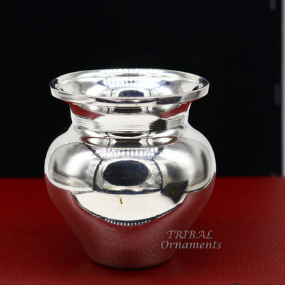 Small handmade 925 sterling silver Kalash pot for puja, featuring a simple design, ideal for water or milk offerings in Indian rituals.