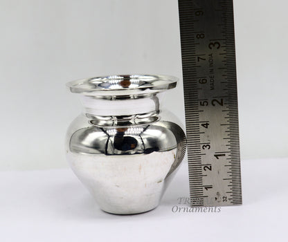 Small handmade 925 sterling silver Kalash or pot for puja, featuring a simple design, ideal for water or milk offerings in Indian rituals.