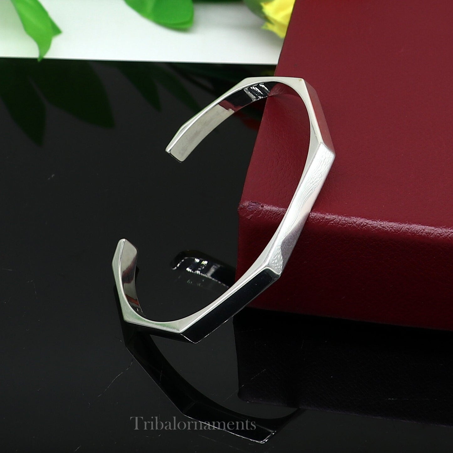 Shiny plain 925 sterling silver adjustable cuff bangle bracelet by Tribal Ornaments, unisex jewelry with a sleek, handmade design.