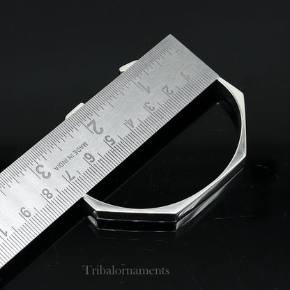 Plain shiny 925 sterling silver adjustable cuff bangle bracelet by Tribal Ornaments, unisex jewelry with a sleek, polished finish.