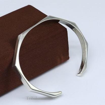 Shiny plain 925 sterling silver adjustable cuff bangle bracelet by TRIBAL ORNAMENTS, unisex jewelry with a sleek, polished finish.