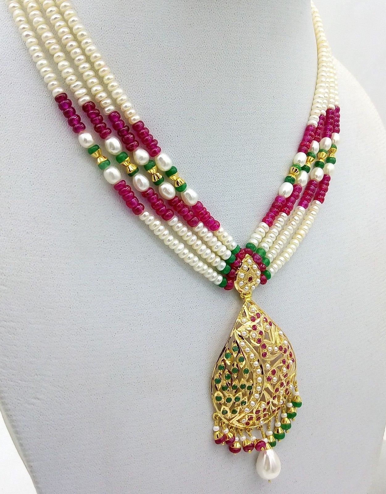 Punjabi jewellery 22k 22ct necklace traditional pearl ruby emerald - TRIBAL ORNAMENTS