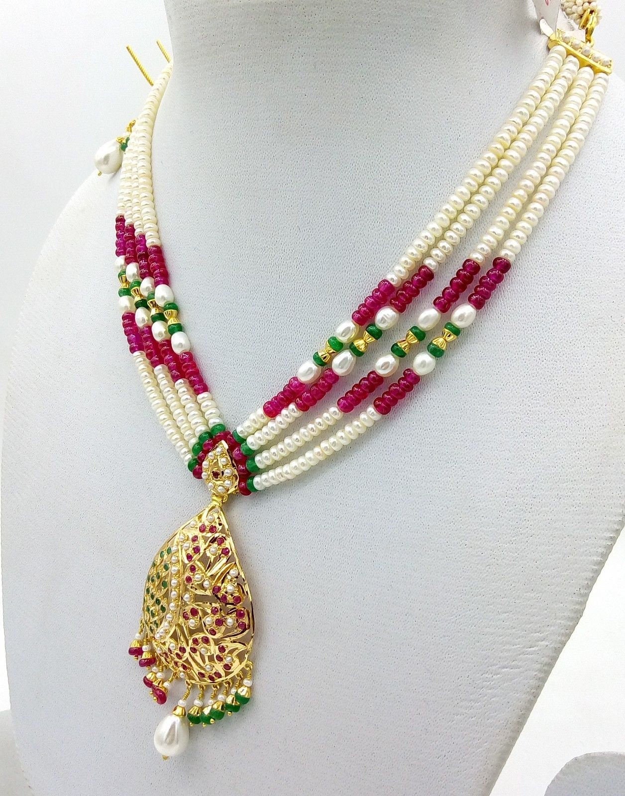 Punjabi jewellery 22k 22ct necklace traditional pearl ruby emerald - TRIBAL ORNAMENTS