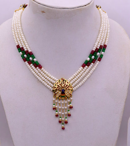 Punjabi muslim rajput style 22kt yellow gold handmade gorgeous peacock design color beads necklace set tribal india jewelry - TRIBAL ORNAMENTS