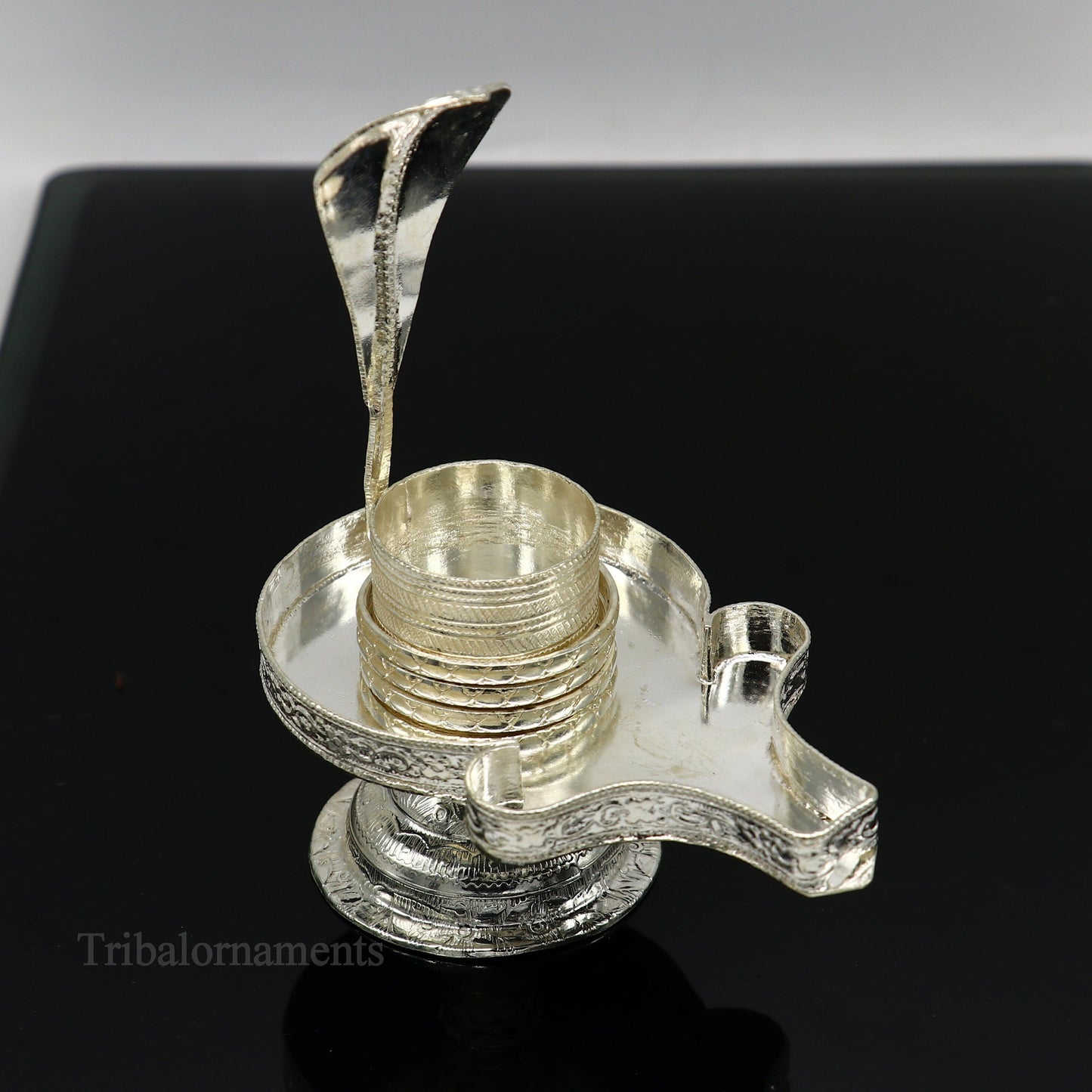 Pure 925 sterling silver Lord Shiva Lingam stand, decorative Jalheri for holding Shiva Lingam in home temple puja setup.