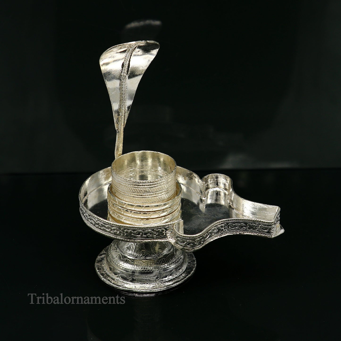 Pure 925 sterling silver Lord Shiva Lingam stand with intricate design, ideal for holding Shiva Lingam in home temple puja.