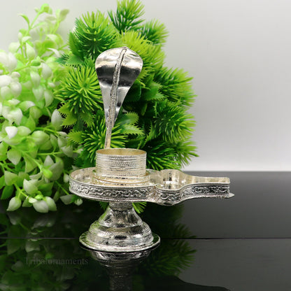 Pure 925 sterling silver Lord Shiva Lingam stand jali for home temple puja, crafted by TRIBAL ORNAMENTS, features intricate design.