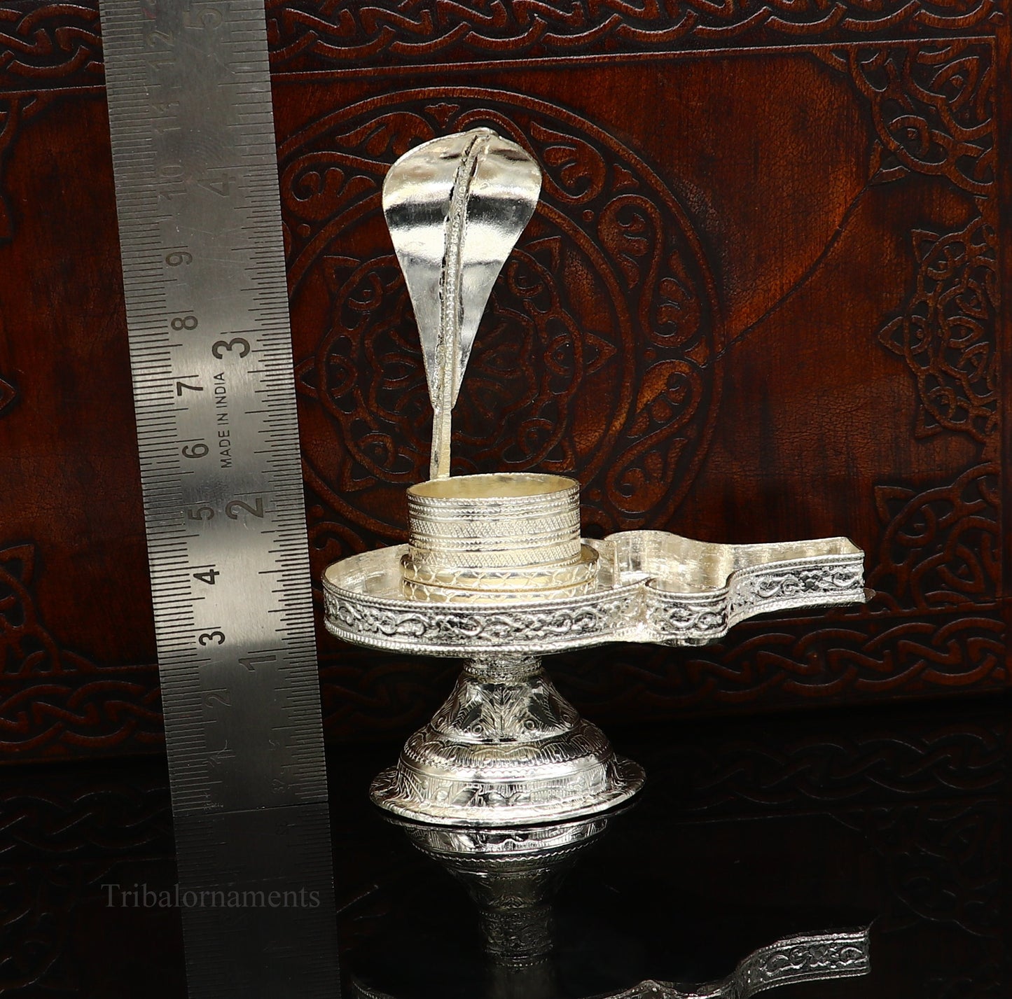 Pure 925 sterling silver Lord Shiva Lingam stand with intricate design, ideal for holding Shiva Lingam in home temple puja.