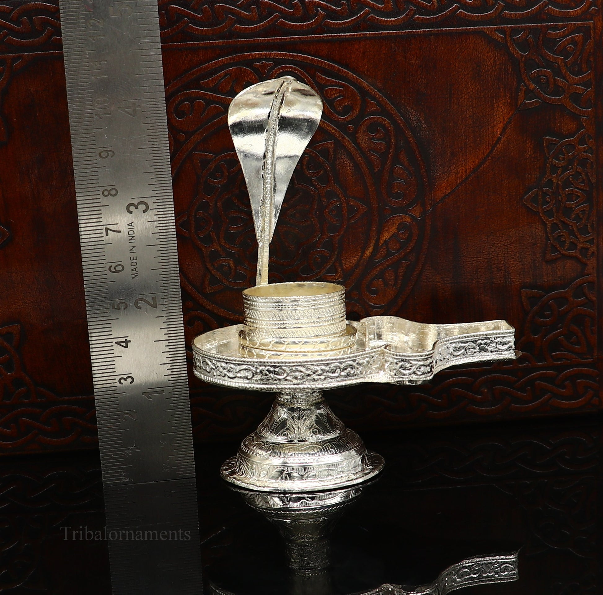 Pure 925 sterling silver Lord Shiva Lingam stand with intricate design, ideal for holding Shiva Lingam in home temple puja.