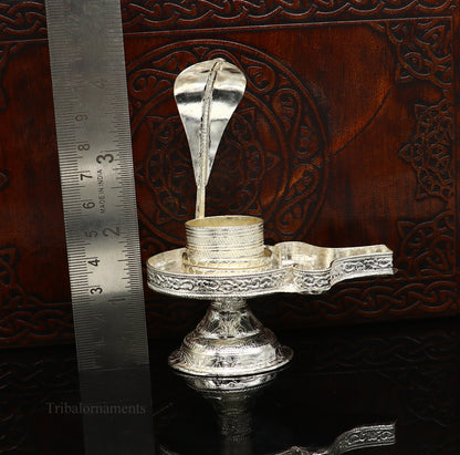 Pure 925 sterling silver Lord Shiva Lingam stand with intricate design, ideal for holding Shiva Lingam in home temple puja.