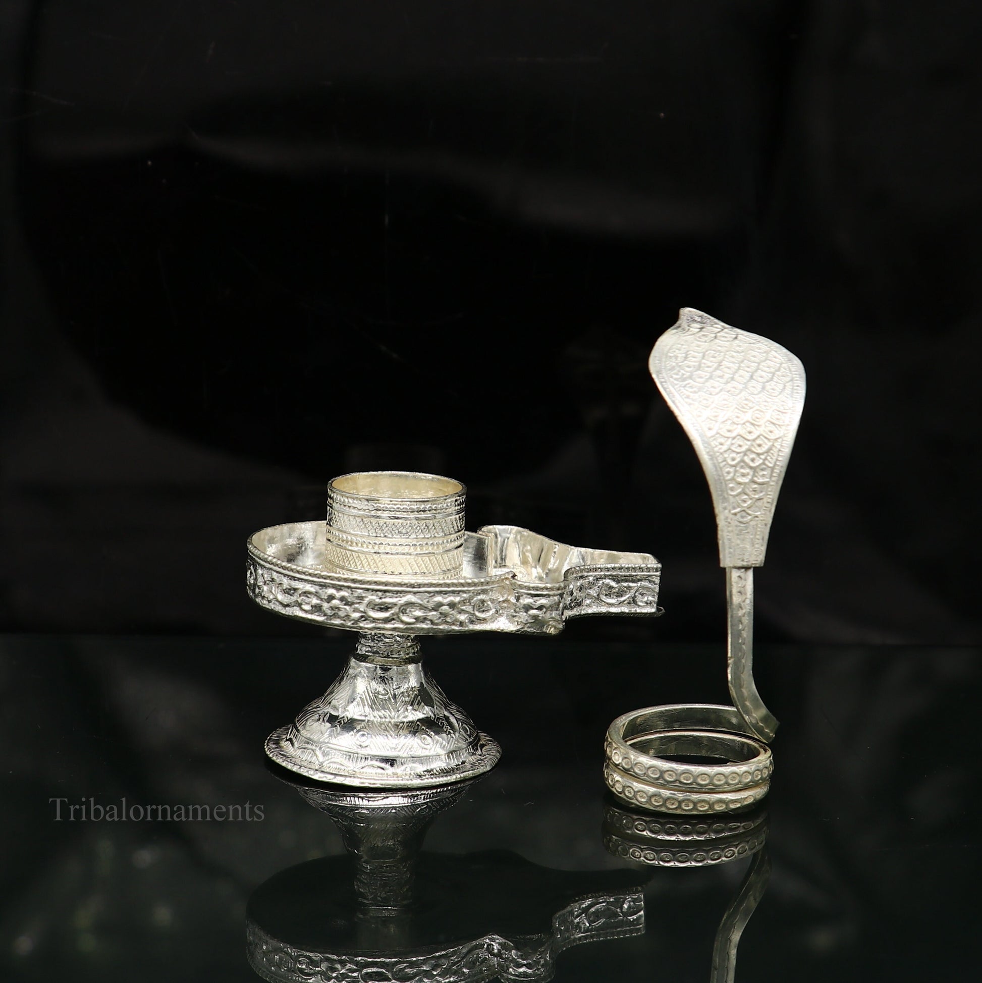 Pure 925 sterling silver Lord Shiva Lingam stand, decorative jalheri for home temple puja, tribal ornament style.