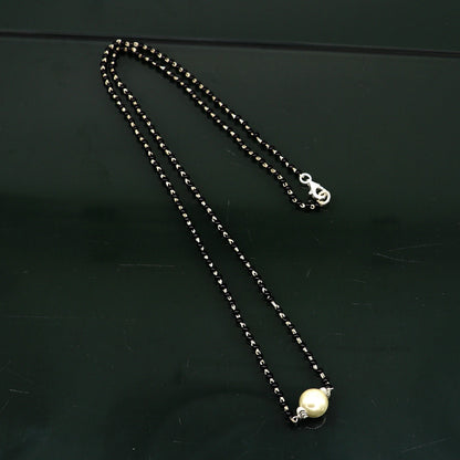 Pure 925 sterling silver black beads chain necklace, vintage white pearl pendant, traditional style brides Mangalsutra necklace set214 - TRIBAL ORNAMENTS
