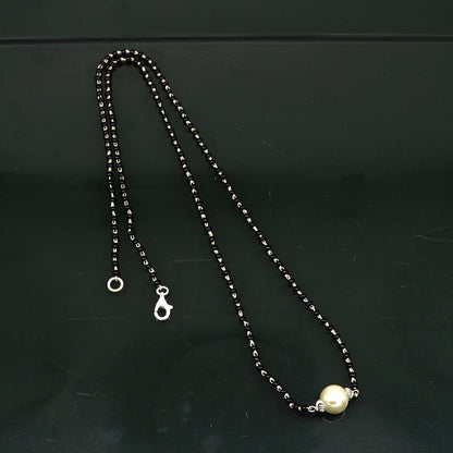Pure 925 sterling silver black beads chain necklace, vintage white pearl pendant, traditional style brides Mangalsutra necklace set214 - TRIBAL ORNAMENTS