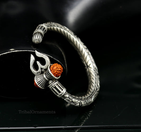 Pure 925 sterling silver customized Shiva trident bangle men's bracelet, excellent Nakshi work men's gifting jewelry from India nssk391 - TRIBAL ORNAMENTS