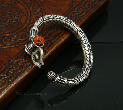 Sterling silver Shiva trident bangle bracelet with Nakshi work, men's jewelry, handcrafted from India by Tribal Ornaments.