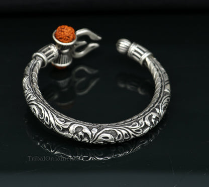 Sterling silver Shiva trident bangle bracelet with Nakshi work, men's jewelry, handcrafted from India by Tribal Ornaments.