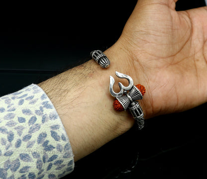 Sterling silver Shiva trident bangle bracelet with Nakshi work, men's jewelry, handcrafted Indian gifting accessory by TRIBAL ORNAMENTS.
