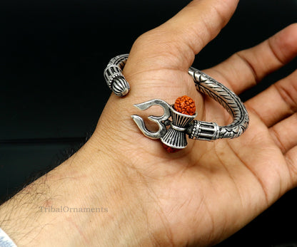 Sterling silver Shiva trident bangle bracelet with Nakshi work, men's jewelry, customized design from TRIBAL ORNAMENTS.