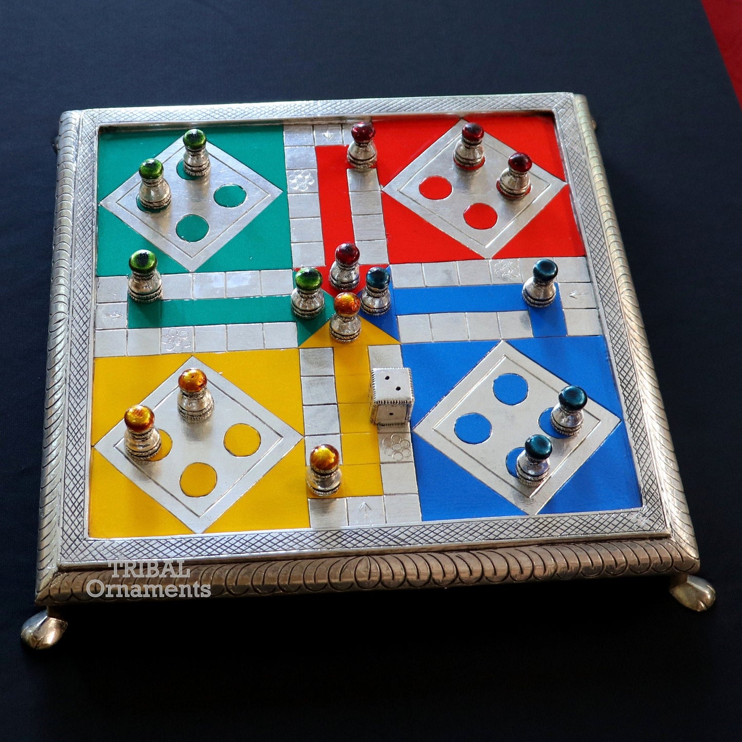 Sterling silver handcrafted LUDO game board with intricate design on wooden base, from TRIBAL ORNAMENTS, royal silver gift.